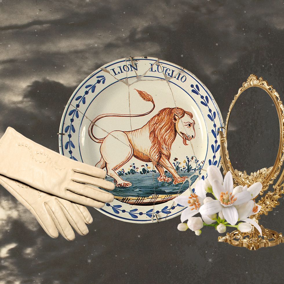 a collage of a mirror, flowers, gloves, and a plate with a leo lion on it