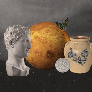 a collage of a statue, a vase, a butterfly, a coin, and a planet