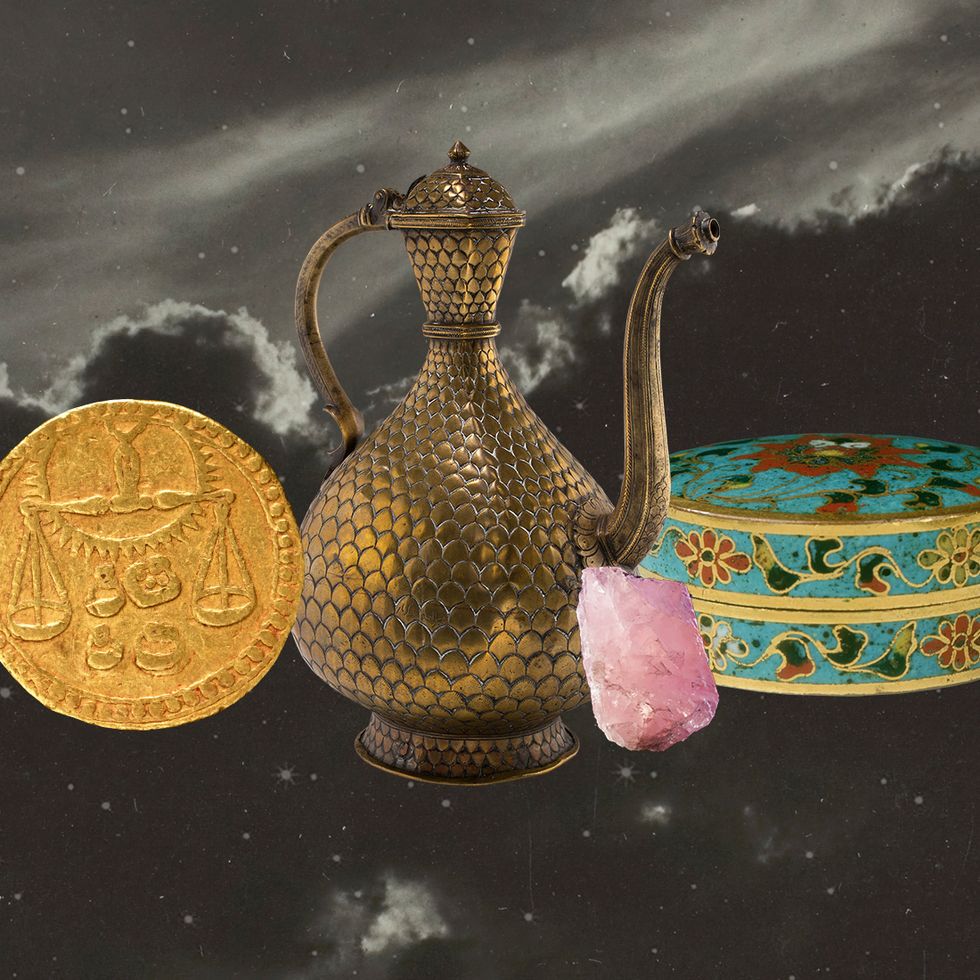 a collage of an antique vase, a crystal, and a coin