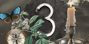 a collage of the number three, candle, butterfly, and a compass