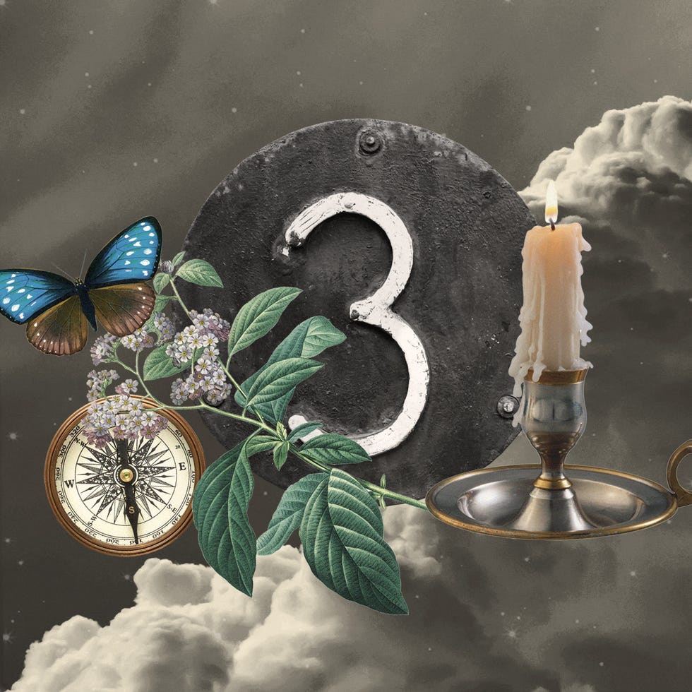 a collage of the number three, candle, butterfly, and a compass