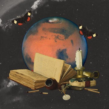 a collage of the planet mars with a book, a candle, a pipe, and other trinkets