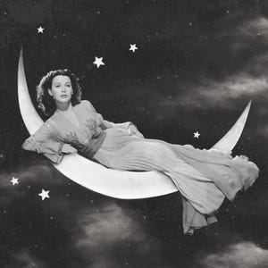 a person in a dress lying on the moon with stars in the background