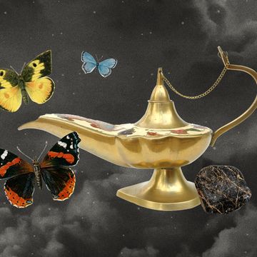 a collage of a genie lamp, butterflies, and a gem stone