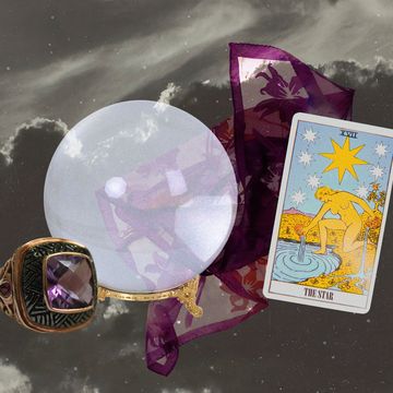 a collage of a ring, scarf, crystal ball, and oracle card