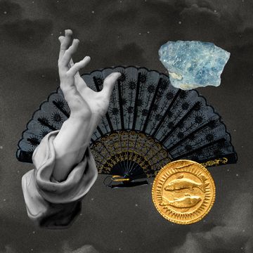 collage of a fan, a coin, a crystal, and a statue of a hand