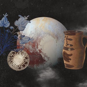 a celestial scene includes the reddish planet pluto set against a starry black backgroundto the left, blue floral motifs intertwine with the planet's surface below the planet, a circular coin displays intricate designs to the right, a traditional pottery jug with decorative patterns rests, creating a juxtaposition of natural and man made elements