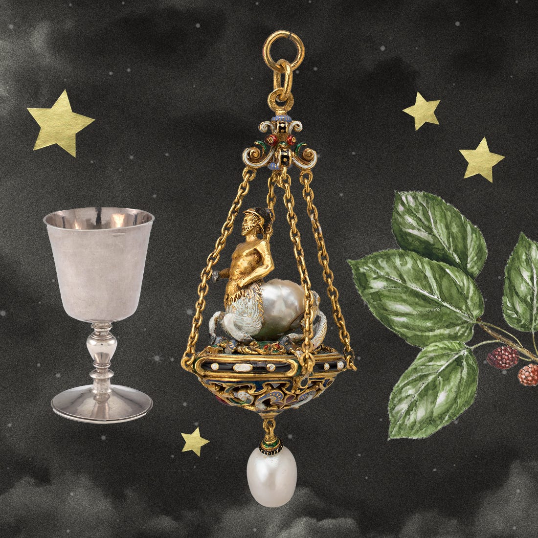 a decorative hanging ornament and a silver cup against a starry background