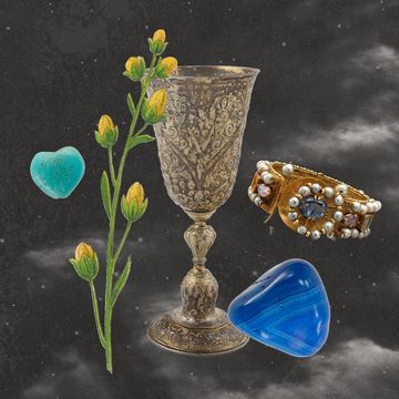 a collage of a vase, flowers, a bracelet, and stones