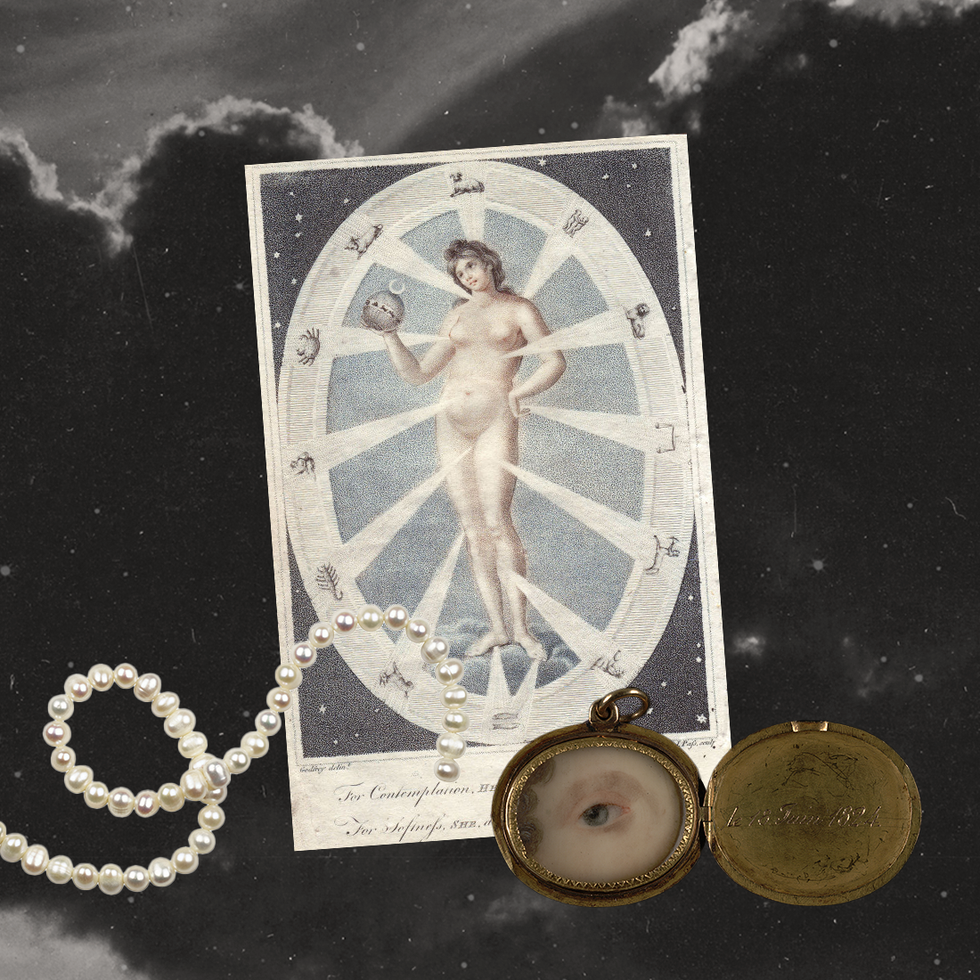 a collage featuring a celestial themed illustration a pearl necklace and a locket