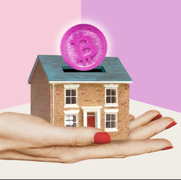 hand holding a house with a pink bitcoin sliding in like a piggybank