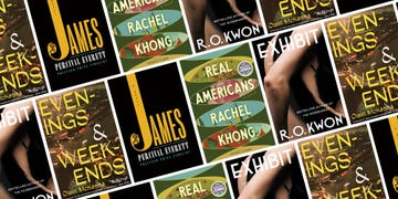 the covers of james by percival everett, real americans by rachel khong, evenings and weekends by oisin mckenna, and exhibit by ro kwon