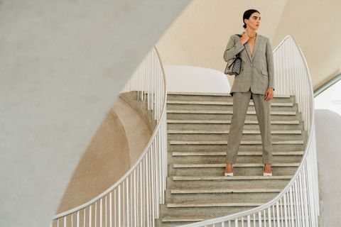 Stairs, Handrail, Line, Architecture, Dress, Photography, Suit, Beige, 