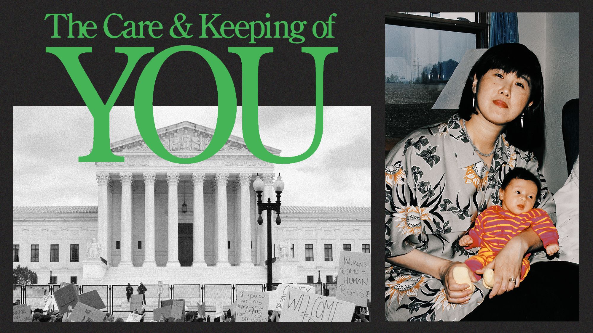 a collage of a photo of the capitol, a photo of the author and her baby daughter, and the title of the book the care and keeping of you