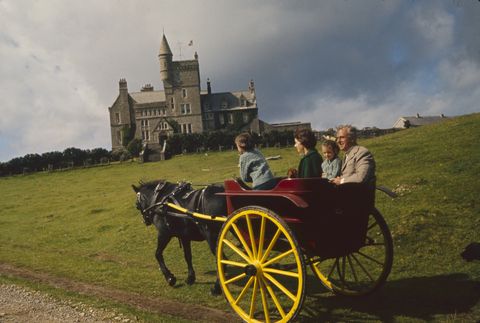 as they approach classiebawn castle, louis mountbatten, 1st earl mountbatten of burma 1900   1979 right rides in a horse drawn wagon with his daughter, lady patricia bradbourne later 2nd countess mountbatten of burma, and her children, joanna left and amanda, county sligo, ireland, 1963 photo by ralph cranethe life picture collection via getty images