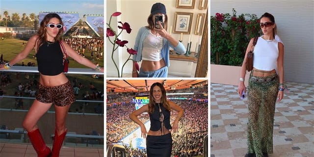 uma colagem de quatro imagens apresentando tinx em vários trajes e cenários