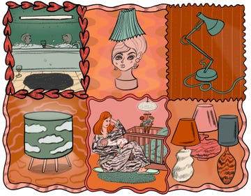 collage of home interior elements including a bathtub scene a woman with a child a lamp and various decor items