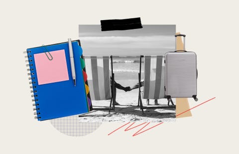 collage of a notebook, a suitcase, and a couple on vacation holding hands