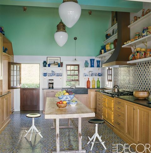 Room, Turquoise, Kitchen, Property, Yellow, Furniture, Interior design, Building, House, Ceiling, 
