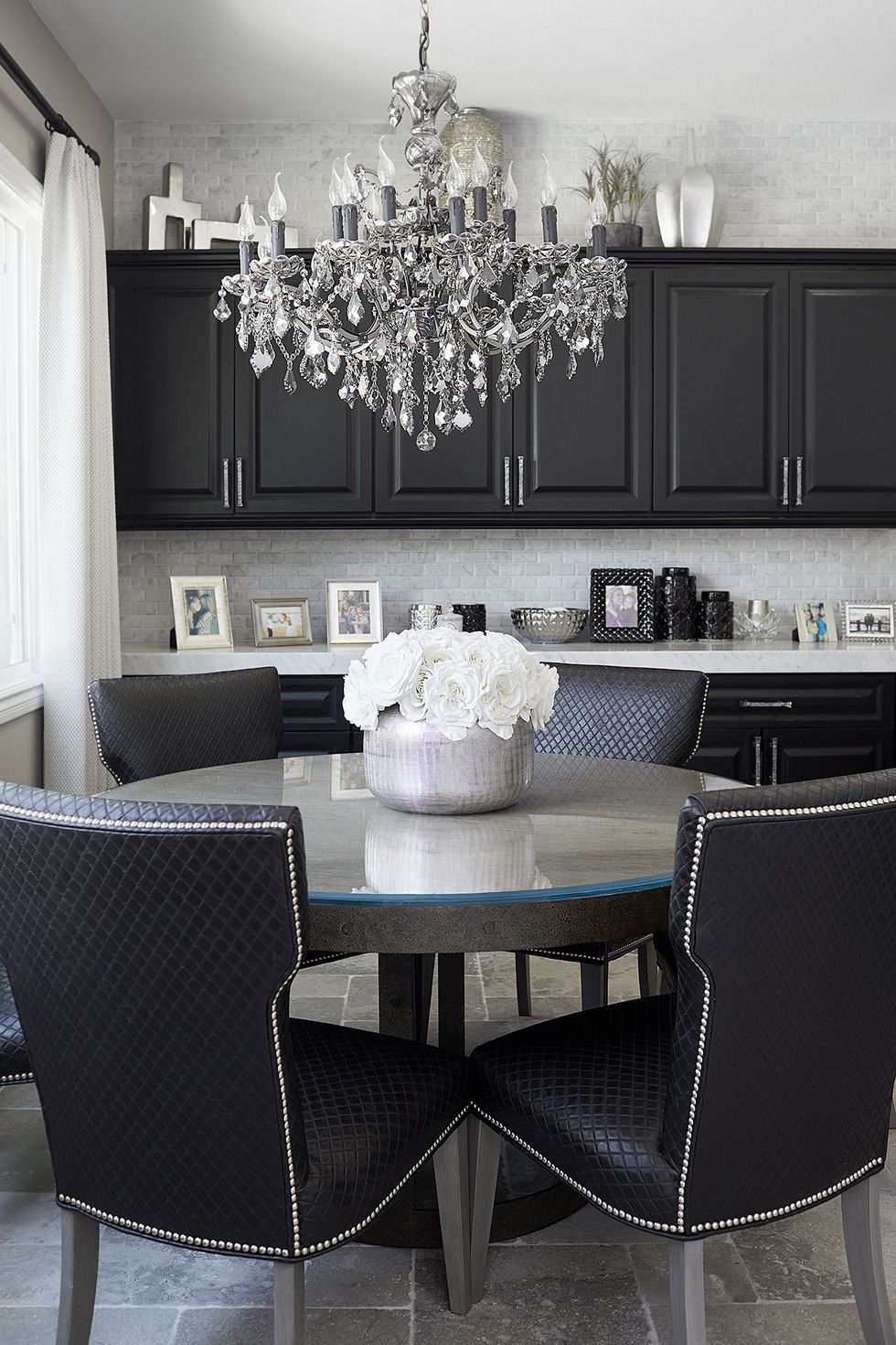 Dining room, Room, Furniture, White, Black, Interior design, Property, Black-and-white, Table, Lighting, 