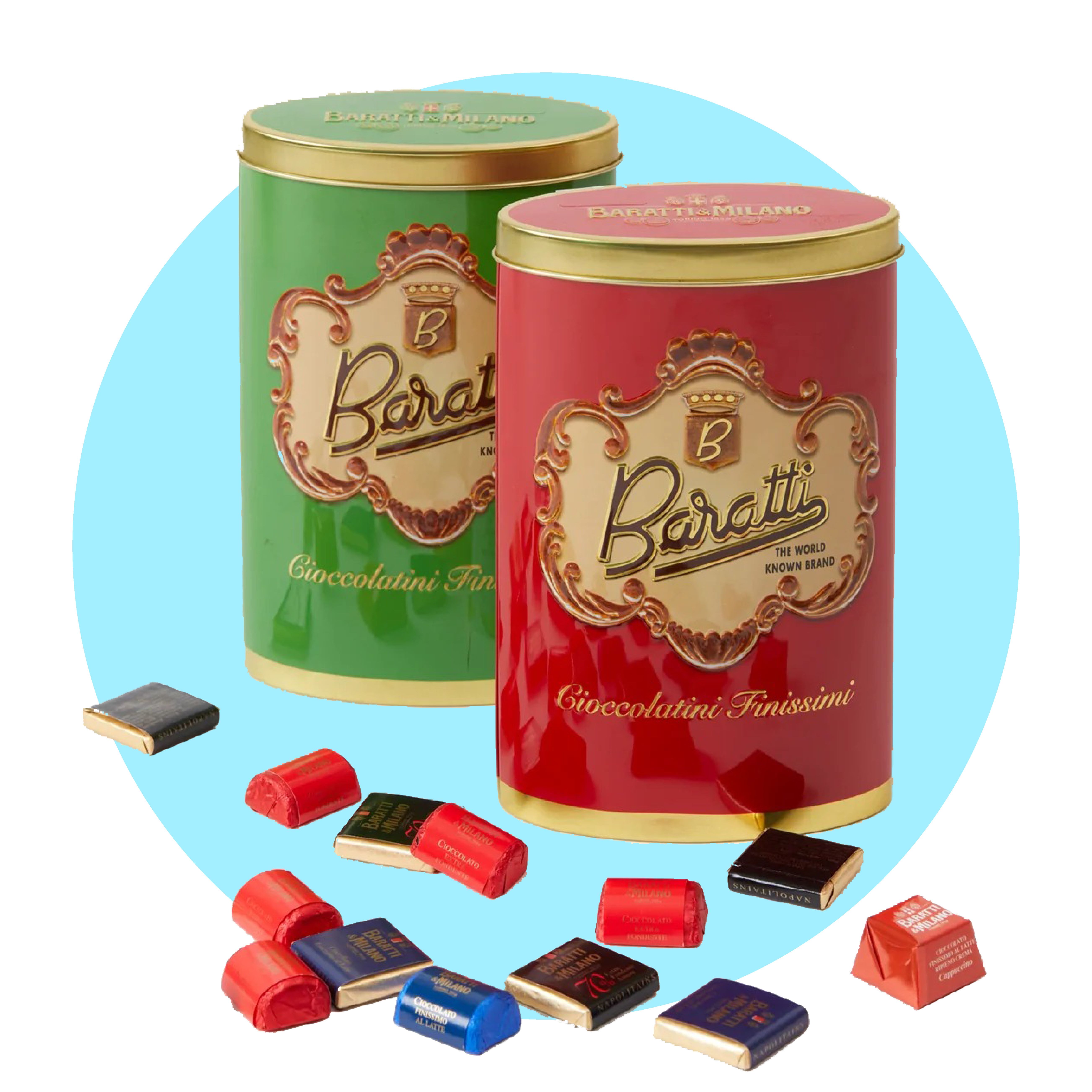 two tins of red and green chocolate