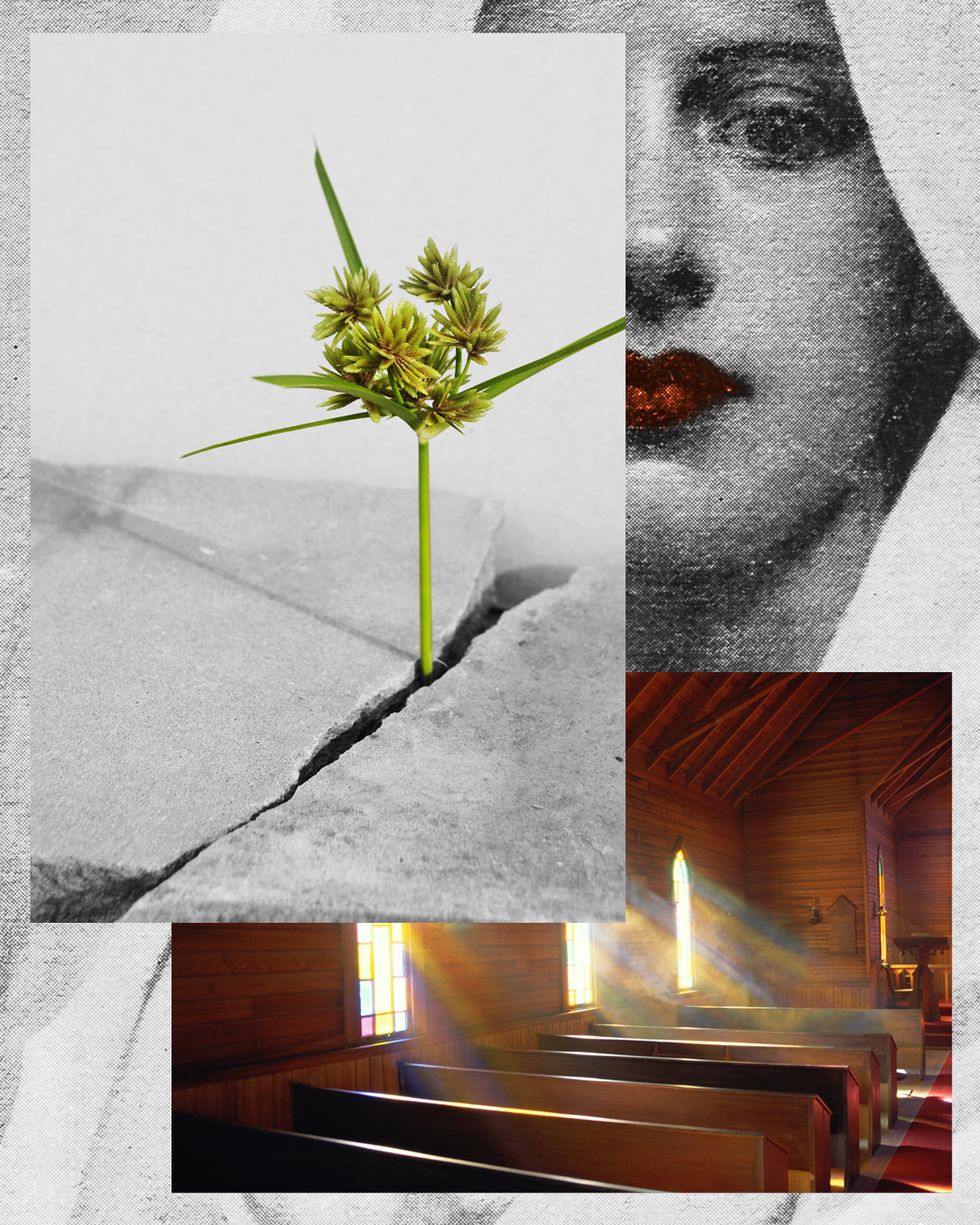 plant growing out of concrete, church lighting, and a womens face