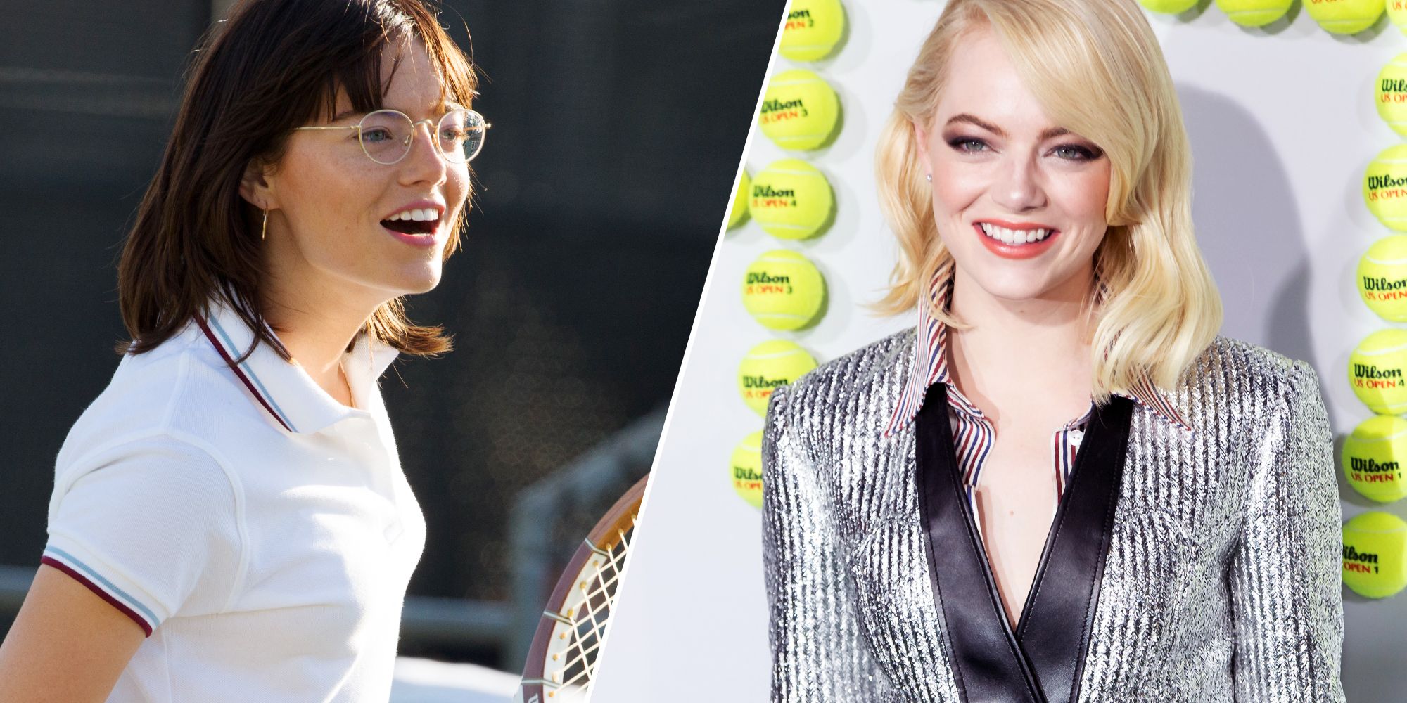 Emma Stone in costume as Billie Jean King on set of Battle Of The