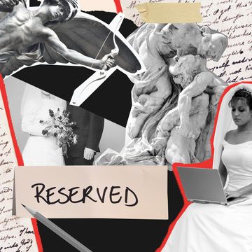 a collage of cupid, a statue with two people kissing, and a woman in a wedding dress on a laptop