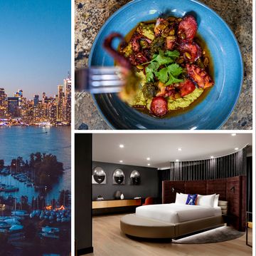 a collage of a cocktail, a plate of food, a hotel room, and the toronto city skyline