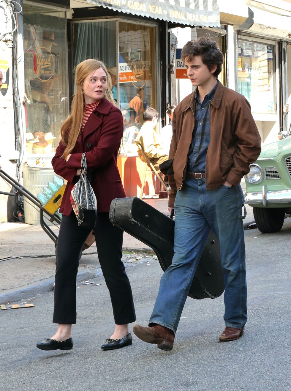 timothee chalamet and elle fanning in paterson, new jersey, on april 09, 2024