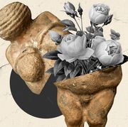 venus of willendorf statue cut in half with flowers blooming out of it