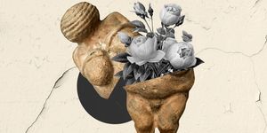 venus of willendorf statue cut in half with flowers blooming out of it