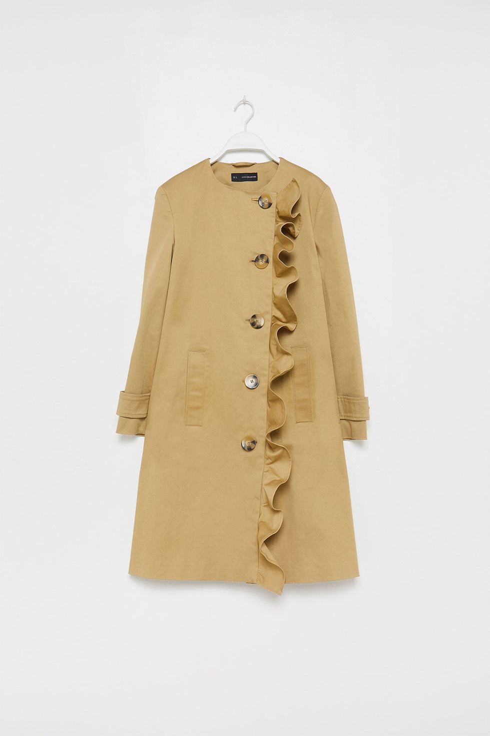 Clothing, Outerwear, Coat, Beige, Sleeve, Trench coat, Overcoat, Button, Jacket, Clothes hanger, 