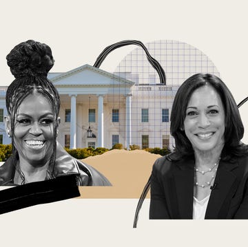 michelle obama and kamala harris with the white house behind them