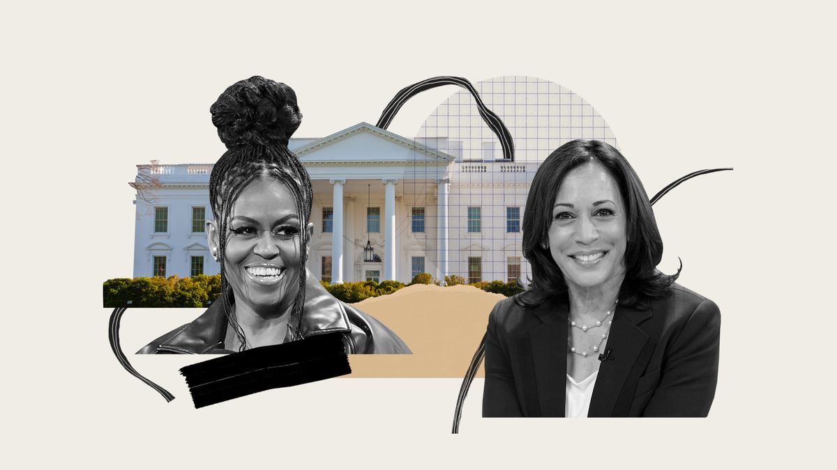 michelle obama and kamala harris with the white house behind them