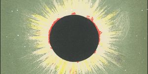 a black and red sun with yellow beams set against a green sky with stars