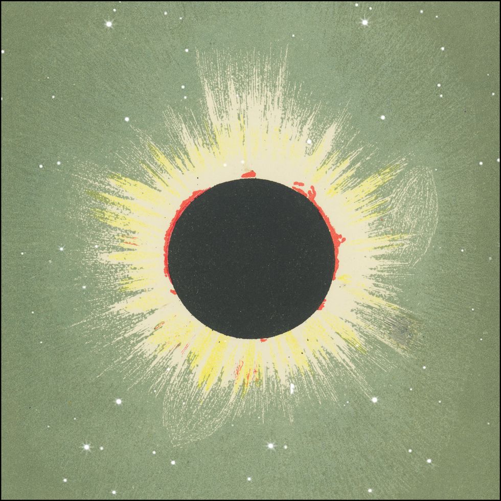 a black and red sun with yellow beams set against a green sky with stars