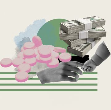 a collage of pills, dollar bills, and a parent holding hands with a baby
