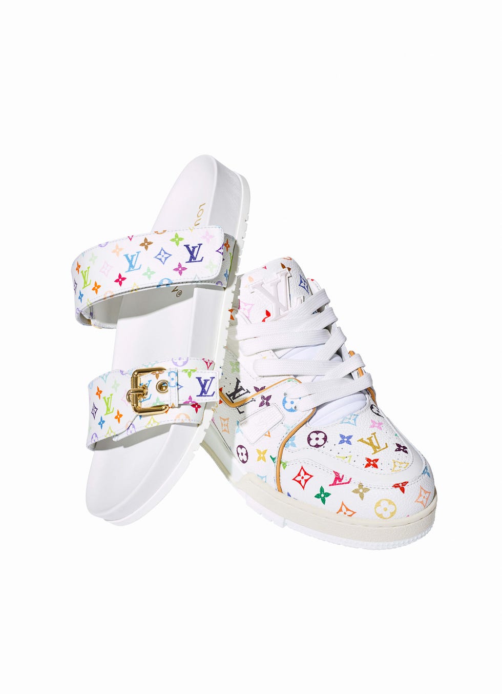 footwear set including a sneaker and a sandal featuring colorful designs