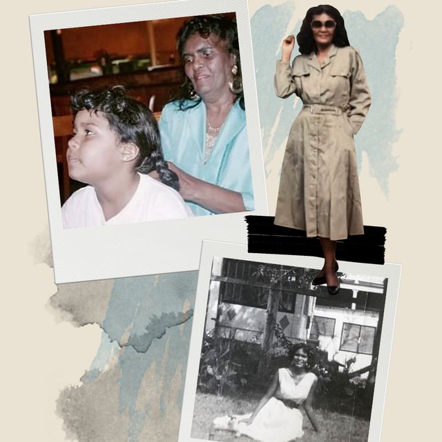 a collage featuring a photo of the author and her grandmother when she was a child and a photo of her grandmother in a trench coat