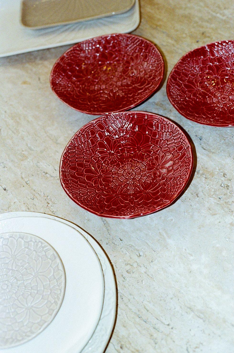 a group of red plates