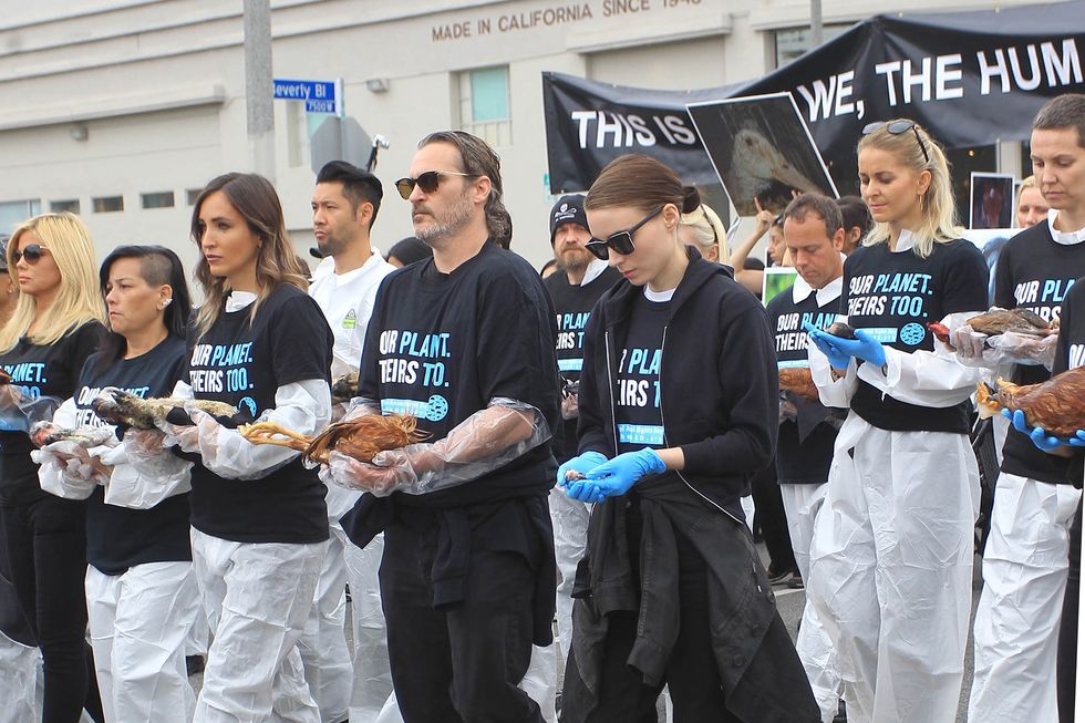 Joaquin Phoenix y Rooney Mara veganos animales manifestación