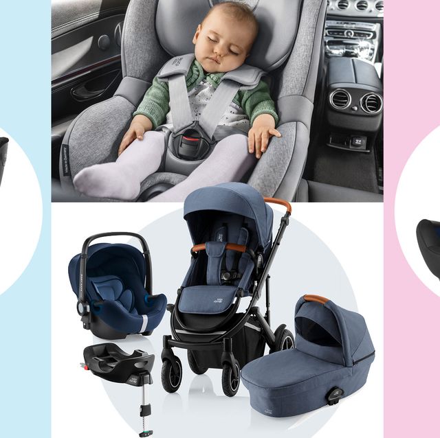 bebé dormido en silla de seguridad y diferentes dispositivos de britax römer para viajar con el bebé en coche