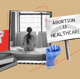 a collage of a protest sign that reads abortion is health care, pills, books with a gavel, a raised fist in a medical glove, and a woman in a hospital gown