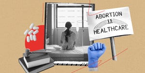 a collage of a protest sign that reads abortion is health care, pills, books with a gavel, a raised fist in a medical glove, and a woman in a hospital gown