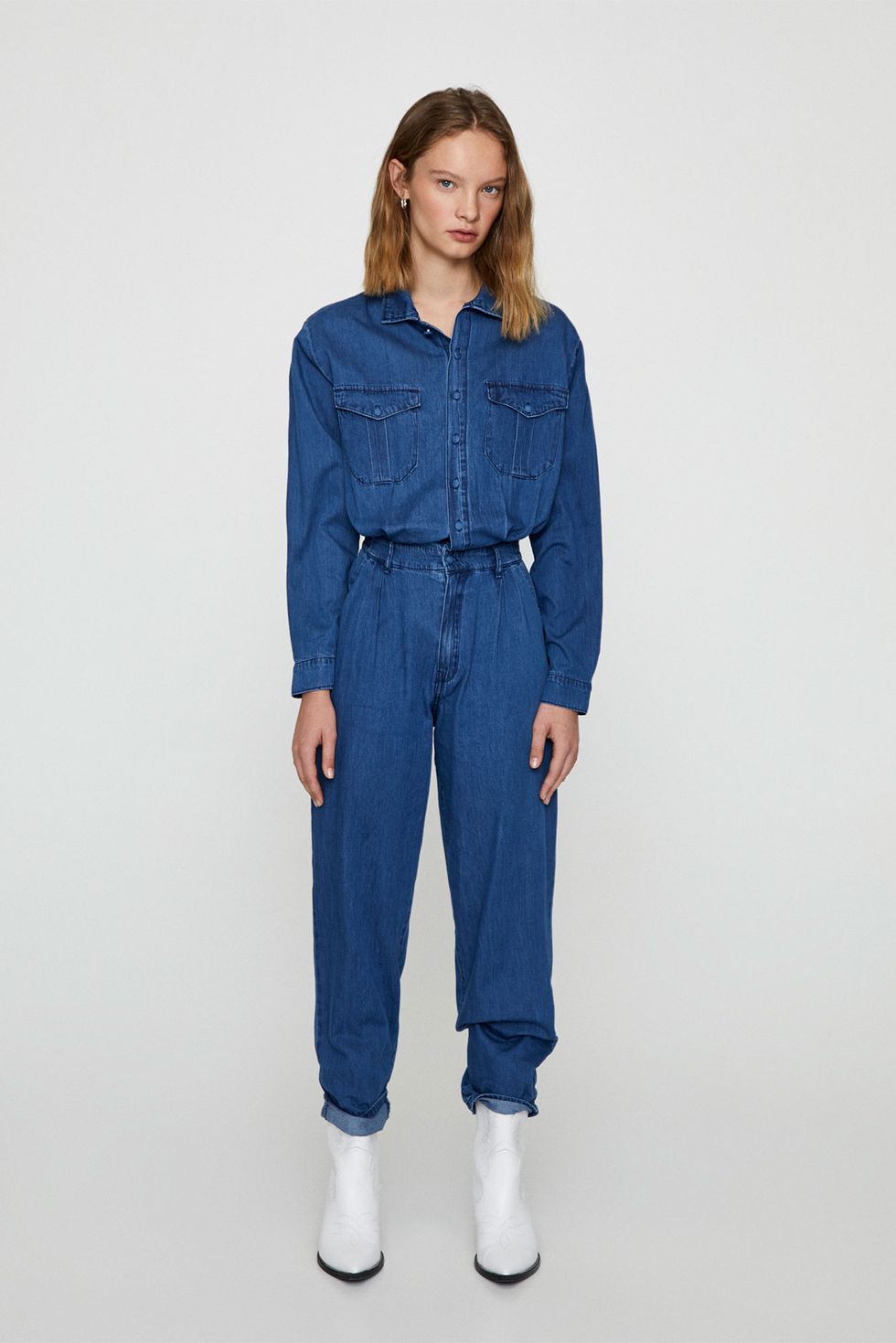 Clothing, Denim, Blue, Jeans, Standing, Overall, Pocket, One-piece garment, Electric blue, Textile, 