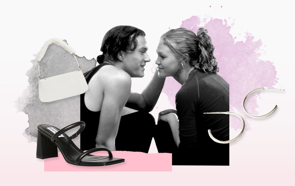 a collage of a white purse, black heels, and silver earrings surrounding a scene from 10 things i hate about you where patrick is about to kiss kat