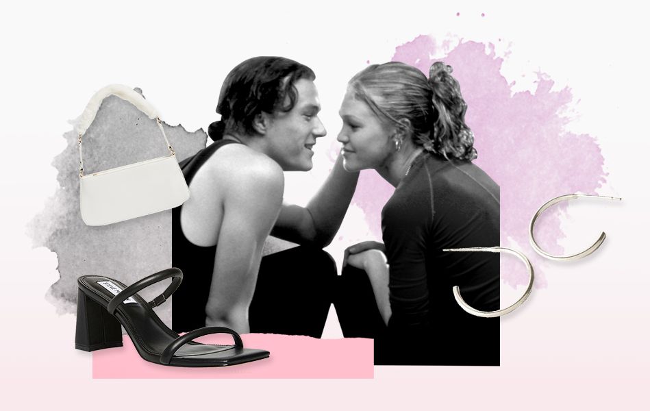 a collage of a white purse, black heels, and silver earrings surrounding a scene from 10 things i hate about you where patrick is about to kiss kat