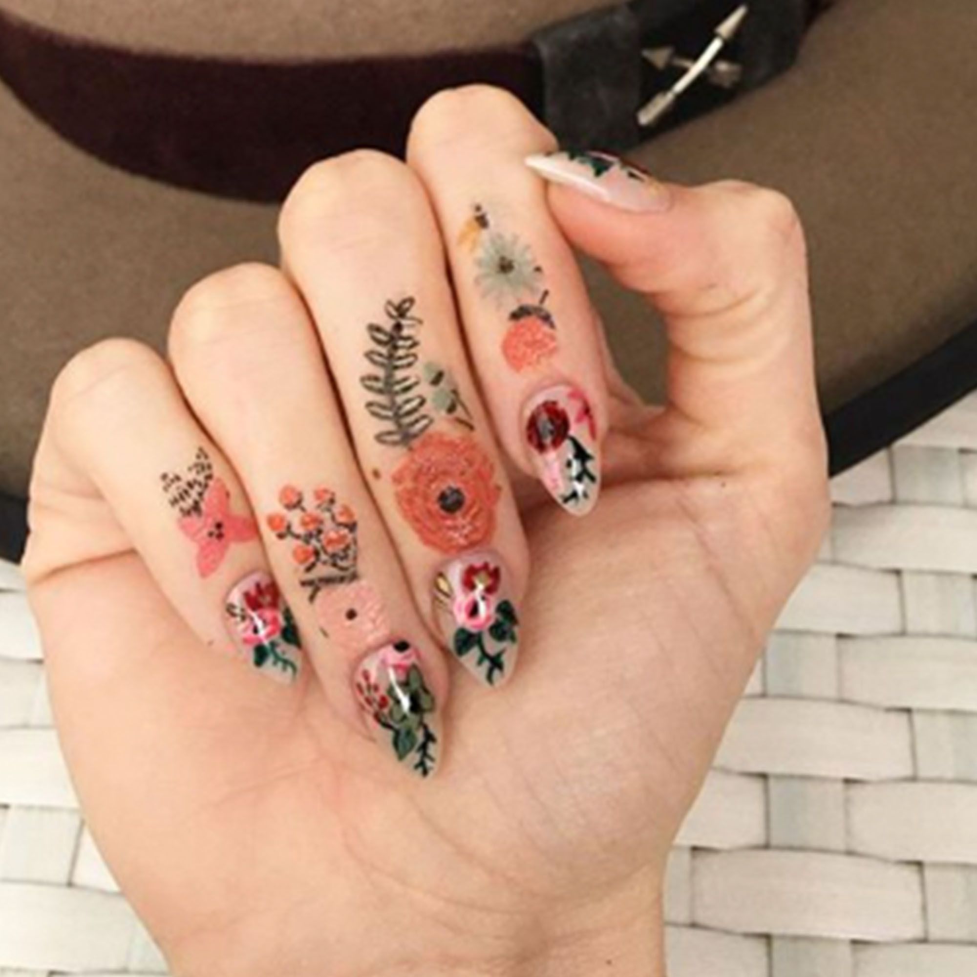 Amazon.com: RikView French Tip Press on Nails Medium Acrylic Nails with Flowers  Design Almond Fake Nails Nude Nails for Women : Industrial & Scientific