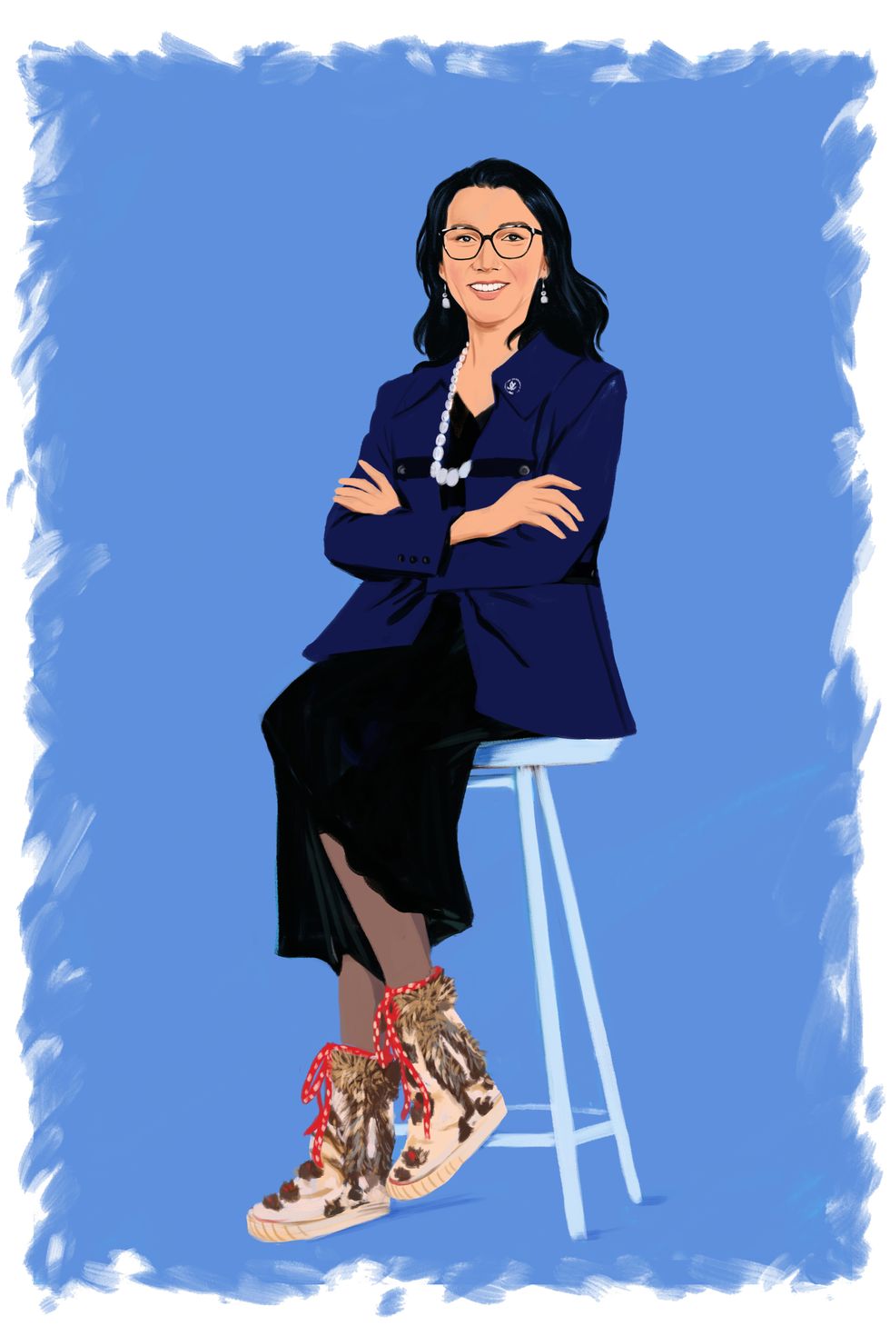 an illustration of mary peltola sitting on a stool in the outfit she wore when she was sworn into congress, a blue suit and traditional footwear